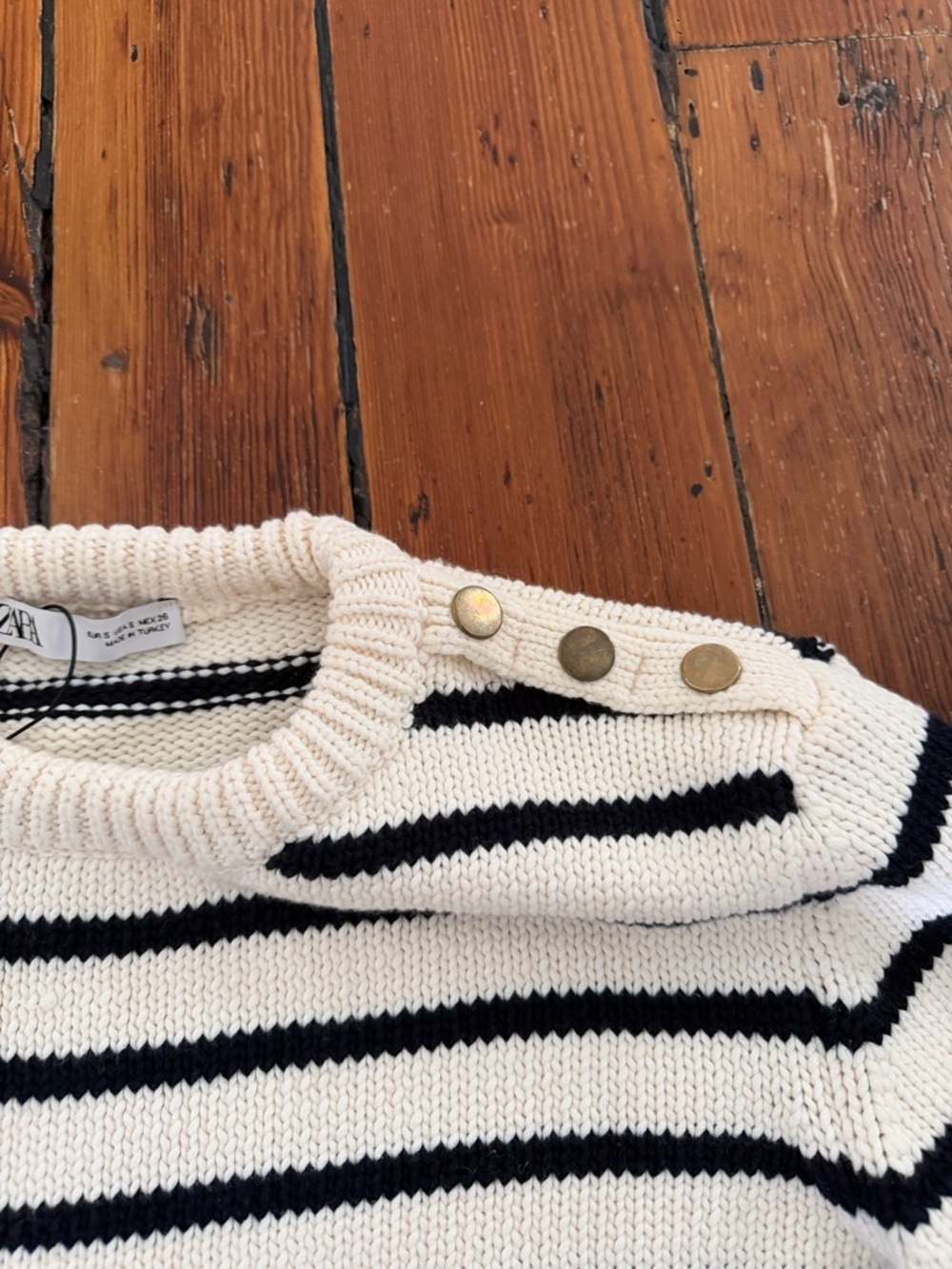 Zara Striped Cream and navy nautical preppy Crewneck Sweater w gold buttons - Picture 2 of 4